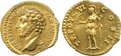 ANCIENT COINS , Roman, M arcus Aurelius (AD 161-180), Gold Aureus, struck as Caesar, AD 151-152, AVRELIVS CAESAR AVG P II FIL , bare head facing left, rev TR POT VI COS II , Roma standing left, holdin