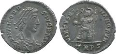 ANCIENT COINS , Roman, Theodosius I (AD 379-395), Silver Siliqua, mint of Treveri, struck AD 388-392, D N THEODOSIVS P F AVG , pearl-diademed, draped and cuirassed bust facing right, rev VIRTVS ROMANO