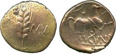 Ancient Coins, British, Ancient British, Catuvellauni, Cunobelin (early 1st Century AD), Gold Stater, Wild type, c.AD 10-20, c orn-ear dividing [CA]-MV , rev CVNO , horse right, star and branch above,