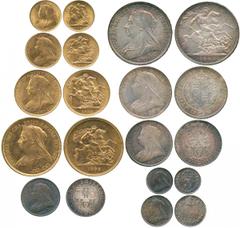BRITISH COINS, Victoria, Currency Set, 1893 New Coinage, Gold Five Pounds, Two Pounds, Sovereign and Half-Sovereign, Silver Crown, Halfcrown, Florin, Shilling, Sixpence and Threepence, housed in conte