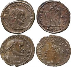 ANCIENT COINS, ROMAN, Galerius (Caesar, AD 293-305), Billon Follis, Lugdunum, GENIO POPVLI ROMANI, Genius standing left, B in field right, PLC in exergue (RIC 164b); Galerius (as Augustus, AD 305-311)