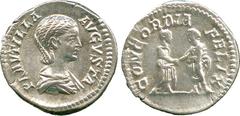 ANCIENT COINS, ROMAN, Plautilla (wife of Caracalla), Silver Denarius, struck AD 202-5, PLAVTILLA AVGVSTA , draped bust facing right , rev CONCORDIA FELIX , Caracalla clasping hands with Plautilla, 3.3