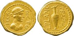 THE ALFRED FRANKLIN COLLECTION OF ANCIENT COINS, ROMAN GOLD , Julius Caesar, Gold Aureus, with L. Munatius Plancus as Praefectus Urbi, struck late 46 to early 45 BC, C CAES DIC TER , draped bust of Vi