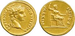 THE ALFRED FRANKLIN COLLECTION OF ANCIENT COINS, ROMAN GOLD , Tiberius (AD 14-37), Gold Aureus, mint of Lugdunum, struck AD 14-17, TI CAESAR DIVI AVG F AVGVSTVS , laureate head facing right, rev PONTI