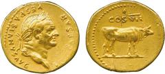 THE ALFRED FRANKLIN COLLECTION OF ANCIENT COINS, ROMAN GOLD , Vespasian (AD 69-79), Gold Aureus, struck AD 76, IMP CAESAR VESPASIANVS AVG , laureate head facing right, rev COS VII , cow standing right