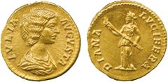 THE ALFRED FRANKLIN COLLECTION OF ANCIENT COINS, ROMAN GOLD , Julia Domna (wife of Septimius Severus), Gold Aureus, struck AD 196-211, IVLIA AVGVSTA , draped bust facing right, rev DIANA LVCIFERA , Di