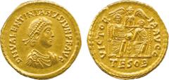 THE ALFRED FRANKLIN COLLECTION OF ANCIENT COINS, ROMAN GOLD , Valentinian II (AD 375-392), Gold Solidus, mint of Thessalonica, struck AD 379-383, D N VALENTINIANVS IVN PF AVG , pearl-diademed, draped 