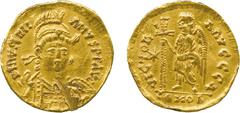 THE ALFRED FRANKLIN COLLECTION OF ANCIENT COINS, BYZANTINE GOLD , Ostrogoths, Athalaric (AD 526-534), Gold Solidus in the name of Justinian I (AD 527-565), DN IVSTINI ANVS P Г AVC , pearl-diademed, he