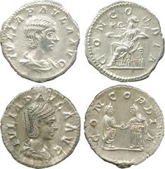 THE ALFRED FRANKLIN COLLECTION OF ANCIENT COINS, ROMAN SILVER AND BRONZE COINS , Julia Paula (first wife of Elagabalus), Silver Denarii (2), draped bust facing right, rev CONCORDIA , Elagabalus and Ju