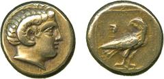 ANCIENT GREEK COINS, Lesbos, Mytilene (377-326 BC), Electrum Hekte, young male head facing right, with horn of Ammon, rev eagle standing right, with closed wings, head turned to left, within a linear 