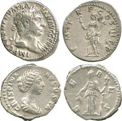 ANCIENT ROMAN COINS , Trajan (AD 98-117), Silver Denarius, laureate head right, drapery on left shoulder, rev P M TR P COS III P P , Pax standing left, holding a branch and a corncuopiae (RIC 38); Cri