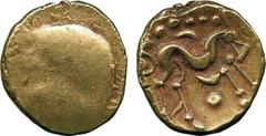 ANCIENT COINS, ANCIENT BRITISH, Celtic Gold, Gallo-Belgic import E, Ambiani, uniface Gold Stater, 6.33g, c.60-55 BC, blank obverse, rev crude disjointed horse right, crescent and pellet below, crescen