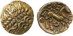 ANCIENT COINS, ANCIENT BRITISH, Celtic Gold, Regini and Atrebates, British Qc Remic, Gold ¼-Stater, 1.28g, c.60-50 BC, devolved Apollo head pattern, rev triple tailed horse right with mane, radiate su