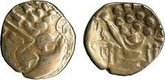ANCIENT COINS, ANCIENT BRITISH, Celtic Gold, Belgae, Gold Stater, Chute/Cheriton transitional type, 5.99g, c.65-40 BC, devolved Apollo head wreath pattern with large pointed crescent shape, rev long-n