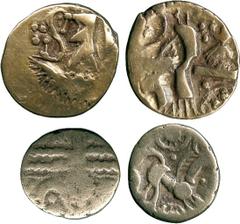 ANCIENT COINS, ANCIENT BRITISH, Celtic Gold, Belgae, Gold ¼-Stater, 1.35g, c.65-40 BC, angular standing figure(?), radiate ornament below, S-shaped ornament with extended pellet ends and three pellets