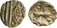 ANCIENT COINS, ANCIENT BRITISH, Celtic Gold, Catuvellauni, British LX, Gold ¼-Stater, 1.17g, c.60-50 BC, devolved Apollo head pattern with two ‘faces’ in opposite angles, rev horse right, radiate sun 