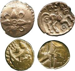 ANCIENT COINS, ANCIENT BRITISH, Celtic Gold, Catuvellauni, Addedomaros (c.45–25 BC), Gold ¼-Stater, 1.36g, cruciform leaves around central pellet within circle, circles in angles, rev horse right, pel