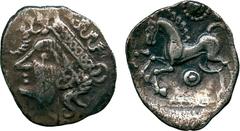 ANCIENT COINS, ANCIENT BRITISH, Celtic Silver and Base Metal, Iceni, Silver Unit, mid 1st Century BC, diademed female head facing left, a snake in front , rev prancing horse left, pellet-in-ring below