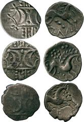 ANCIENT COINS, ANCIENT BRITISH, Celtic Silver and Base Metal, Iceni, Antedios (c. AD 10-30?), Silver Unit, 1.16g, wreath pattern, opposing crescents in centre, rev horse right, wheel and three pellets