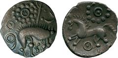 ANCIENT COINS, ANCIENT BRITISH, Celtic Silver and Base Metal, Corieltauvi, Silver Unit, 1.36g, late 1st Century BC, boar right, ‘solar rosette’ above, small S below, pellets in rings around, rev horse