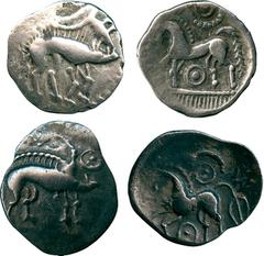 ANCIENT COINS, ANCIENT BRITISH, Celtic Silver and Base Metal, Corieltauvi, Silver Unit, 1.51g, late 1st Century BC, boar right, two rings above, no S below, rev horse left with vertical tail, annulet 
