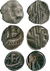 ANCIENT COINS, ANCIENT BRITISH, Celtic Silver and Base Metal, Durotriges, Silver ¼-Stater, 1.25g, 10mm, c.60-50 BC, ‘boat’ with three standing figures(?), rev geometric pattern (ABC 2208; VA 1242-1; S