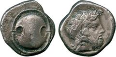 ANCIENT COINS, GREEK COINS, Boiotia, Thebes (c.440-380 BC), Silver Stater, Boiotian shield , rev bearded head of Dionysos facing right, wearing an ivy-wreath, all within a concave incuse, 11.98g (BCD 