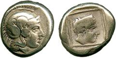 ANCIENT COINS, GREEK COINS, Lesbos, Mytilene (c.412-378 BC), Electrum Hekte, helmeted head of Athena facing right , rev head of Artemis-Kybele facing right, wearing a stephane, within a linear square 