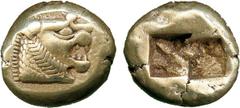 ANCIENT COINS, GREEK COINS, Kingdom of Lydia, temp . Alyattes to Kroisos (c.610-546 BC), Electrum Trite, mint of Sardes, head of a roaring lion facing right, sun with rays on forehead , rev two incuse