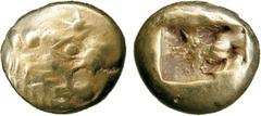ANCIENT COINS, GREEK COINS, Kingdom of Lydia, temp . Alyattes to Kroisos (c.610-546 BC), Electrum Trite, mint of Sardes, head of a roaring lion facing right, sun with rays on forehead , rev two incuse