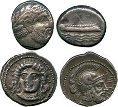 ANCIENT COINS, GREEK COINS, Cilicia, Satrap Datames (378-372 BC), Silver Stater, mint of Tarsos, facing head of nymph, slightly inclined to the left , rev bearded head facing right, wearing a crested 