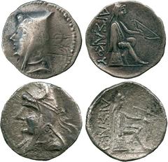 ANCIENT COINS, THE DAVID SELLWOOD COLLECTION OF PARTHIAN COINS (PART FOUR), Arsaces II (211-185 BC) and Phriapatius (185-170 BC), Silver Drachms (2), minted at Nisa(?), diademed head/bust left in bash