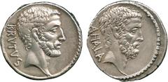 ANCIENT COINS, ROMAN COINS, M. Iunius Brutus (54 BC), Silver Denarius, BRVTVS , head of L. Iunius Brutus (Cos. 509) facing right , rev AHALA , head of C. Servilius Ahala (Mag. Eq. 439) facing right, 3