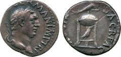 ANCIENT COINS, ROMAN COINS, Vitellius (AD 69), Silver Denarius, [A VITELLIVS GE]RMAN IMP TR P , laureate head facing right , rev [XV VIR] SACR FAC , tripod-lebes, surmounted by a dolphin, a raven belo