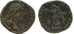 ANCIENT COINS, ROMAN COINS, Marcus Aurelius (AD 161-180), Æ Sestertius, struck AD 166-7, M ANTONINVS AVG ARM PARTH MAX , laureate head facing right , rev TR POT XXI IMP IIII COS III, S-C , Victory adv