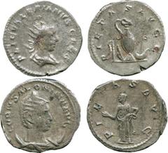 ANCIENT COINS, ROMAN ,Salonina (wife of Gallienus), Antoninianus, mint of Viminacium, Pietas (RIC -; MIR 853b); Valerian (Caesar, AD 253-255), Antoninianus, mint of Viminacium, priestly emblems (RIC 1