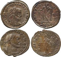 ANCIENT COINS, ROMAN ,G alerius (Caesar, AD 293-305), Billon Follis, Lugdunum, GENIO POPVLI ROMANI , Genius standing left, B in field right, PLC in exergue (RIC 164b); Galerius (as Augustus, AD 305-31