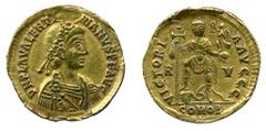 ANCIENT COINS Roman No.: 1450 Estimate: £ 300.- Valentinian III 425-455, Solidus 4.5g, DN PLA VALENTI-NIANVS PF AVG, diademed bust right, rev VICTORI-A AVGGG, Valentinian standing facing, foot on serp