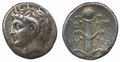 ANCIENT COINS Greece Cyrenaica No.: 2111 Estimate: £ 300 Cyrene (308-277 BC), Didrachm 7.45g, horned and laureate head of Karneios, identified with Apollo, left, rev silphium plant (BMC 244ff). Light 