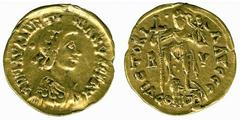 ANCIENT COINS Burgundians No.: 374 Estimate: £ 900.- In the name of Valentinian III, Solidus, Burgundian, imitative class 3 pearl diademed bust right, rev VICTORIA AVG RV COMOB Emperor standing with f
