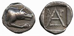 GREEK COINS Peloponnese No.: 61 Estimate: £ 150.- Argos, Triobol, late 2nd century - 80 BC, forepart of wolf right, rev A, A-P above and club left below, 2.19g, 7h (BMC -; SNG Cop 37). Toned, iridesce