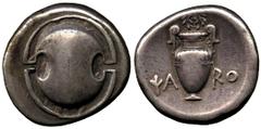 ANCIENT COINS GREEK Boeotia No.: 20 Estimate: £ 500 Thebes, Stater, c.395-388 BC, Magistrate Psaro, struck c.379-368, Boeotian shield, rev YA-RO, amphora above, laurel wreath, 11.99g (Hepworth 93, sam