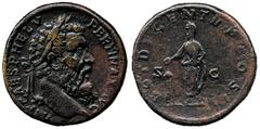 ANCIENT COINS ROMAN No.: 127 Estimate: £ 3000 Pertinax, Sestertius 25.04g, IMP CAES P HELV PERTINAX AVG, laureate head right, rev VOT DECEN TR P COS II, Pertinax, veiled, standing left, sacrificing ov