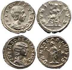 ANCIENT COINS ROMAN No.: 140 Estimate: £ 120 Julia Maesa (grandmother of Elagabalus), Denarius, rev PVDICITIA, Pudicitia seated left, raising veil and holding sceptre (RIC 268); Julia Soaemias (mother
