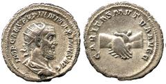 ANCIENT COINS ROMAN No.: 150 Estimate: £ 180 Pupienus (AD 238), Antoninianus 4.42g, IMP CAES PVPIEN MAXIMVS AVG, radiate, draped and cuirassed bust right, rev CARITAS MVTVA AVGG, clasped right hands (