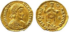 ANCIENT COINS ROMAN No.: 171 Estimate: £ 350 Valentinian III (AD 425-455), Gold Solidus 4.28g, Mediolanum, D N PLA VALENTINIANVS P F AVG, rosette diademed, draped and cuirassed bust right, rev VICTORI