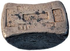 COINS CHINA Sycees / Ingots No.: 149 Estimate: US$ 500 CHINA, ANCIENT CHINESE COINS, Sycees / Ingots, Qing Dynasty: Silver 10-Taels Sycee, stamped "(1902) (Treasury Silver)", 406g. About very fine. Es