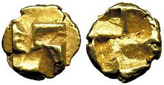 COINS ANCIENT GREEK COINAGE No.: 843 Estimate: US$ 600 ANCIENT GREEK COINAGE, Greece, Ionia, Uncertain mint: Electrum 1/24-Stater, 0.66g, c.500 BC, Obv wind-mill pattern in relief, Rev quadripartite i