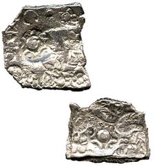 COINS INDIA ANCIENT COINAGE No.: 851 Estimate: US$ 1200 INDIA, Indian Coins, ANCIENT COINAGE, Punchmarked Coins, Narhan area, c.600-500 BC: Double-Karshapana (2), 6.69g, 6.02g, attributed to Shakya Ja