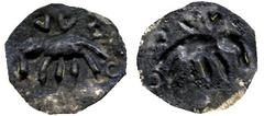 COINS INDIA ANCIENT COINAGE No.: 860 Estimate: US$ 350 INDIA, Indian Coins, ANCIENT COINAGE, Andhra Region: Repoussé punchmarked coin, elephant and tiny symbols (Rajgor series 3, 29). Very fine and ex